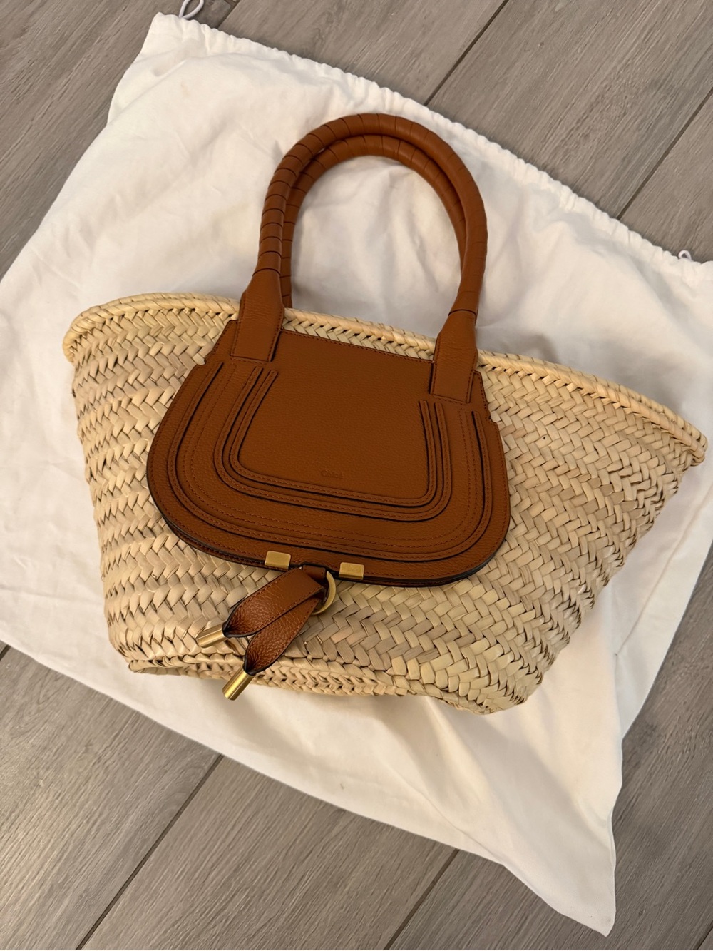 Chloe Tan Leather-Trim Woven Tote